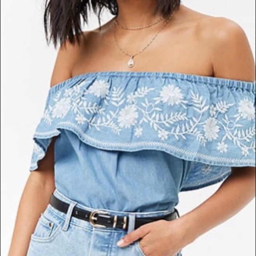 Off the shoulder denim shirt